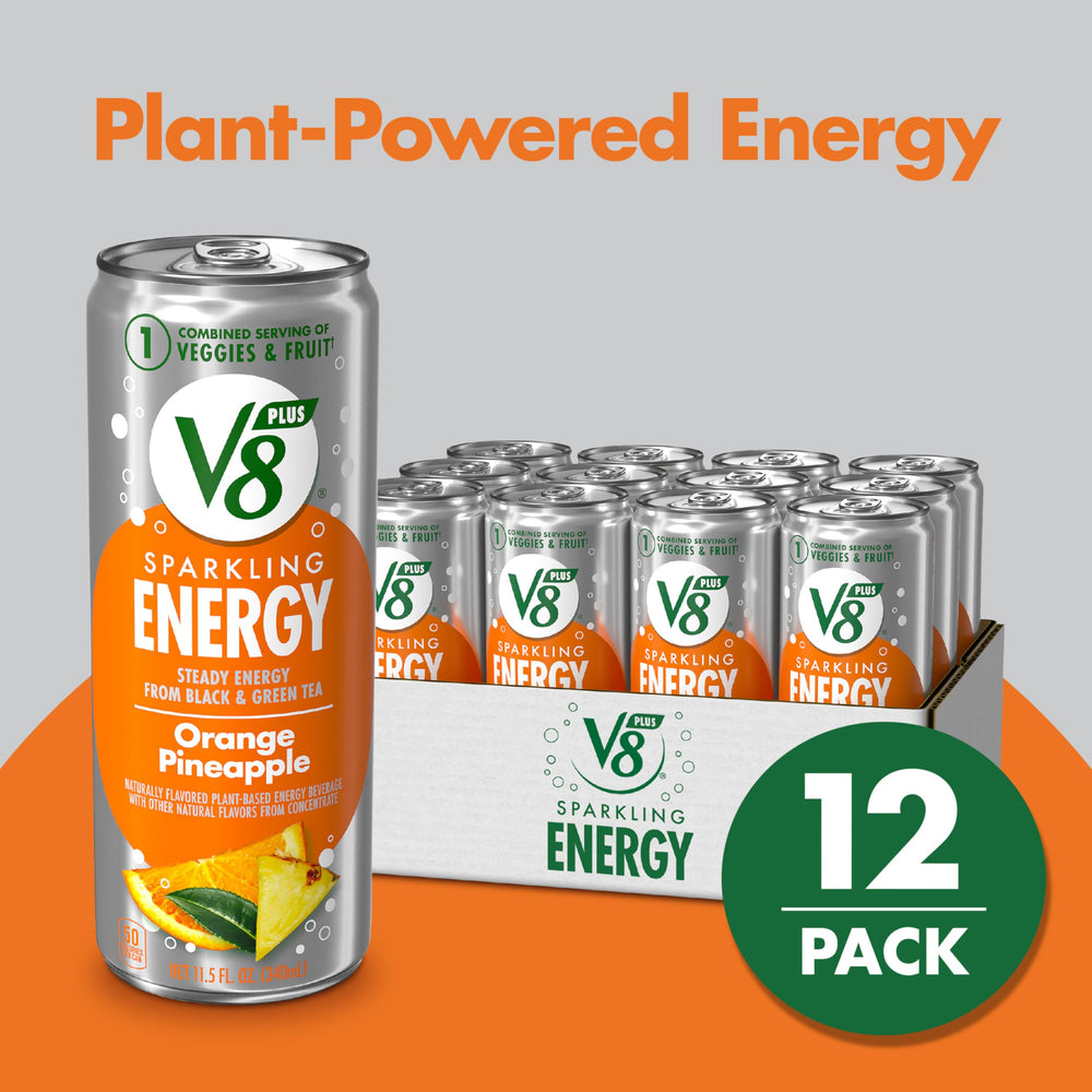 V8 +Energy orange pineapple can poured into a glass for a refreshing sparkling blend.