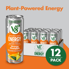 V8 +Energy orange pineapple can poured into a glass for a refreshing sparkling blend.