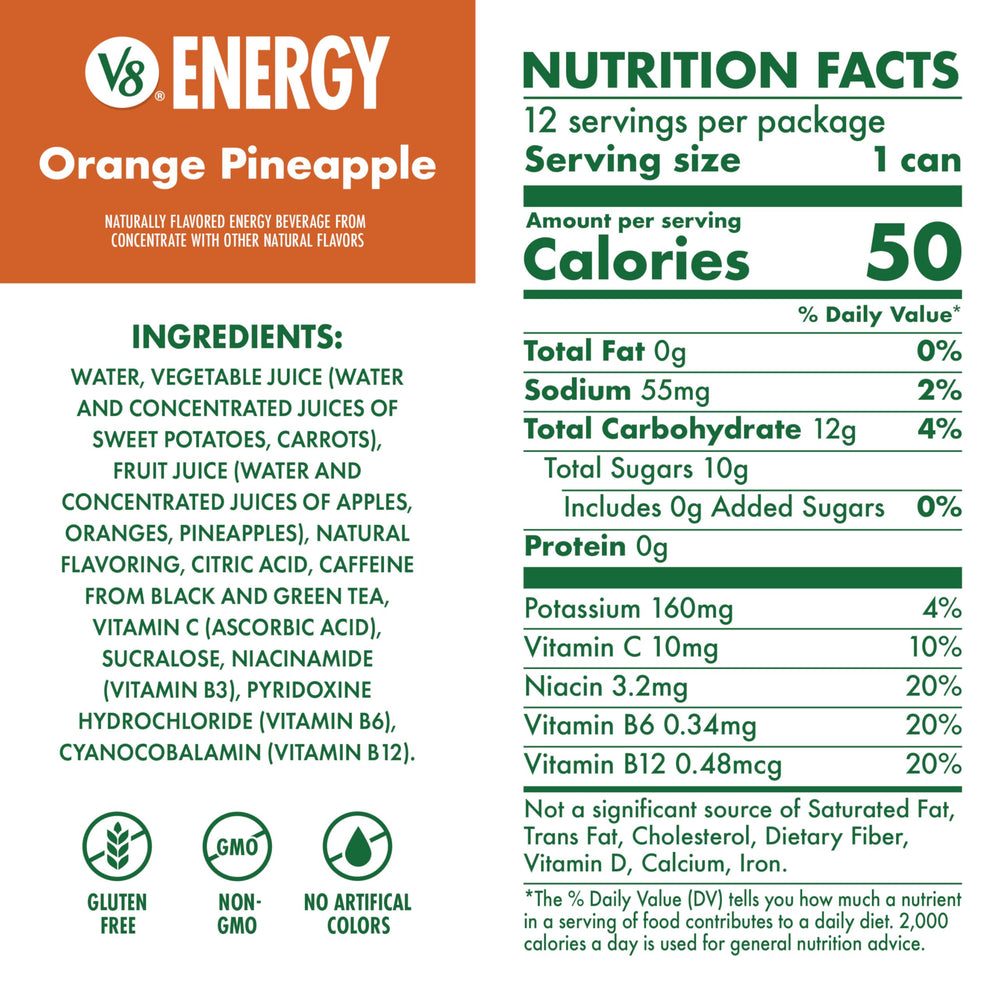 V8 Energy Orange Pineapple can pour with refreshing taste and energy.