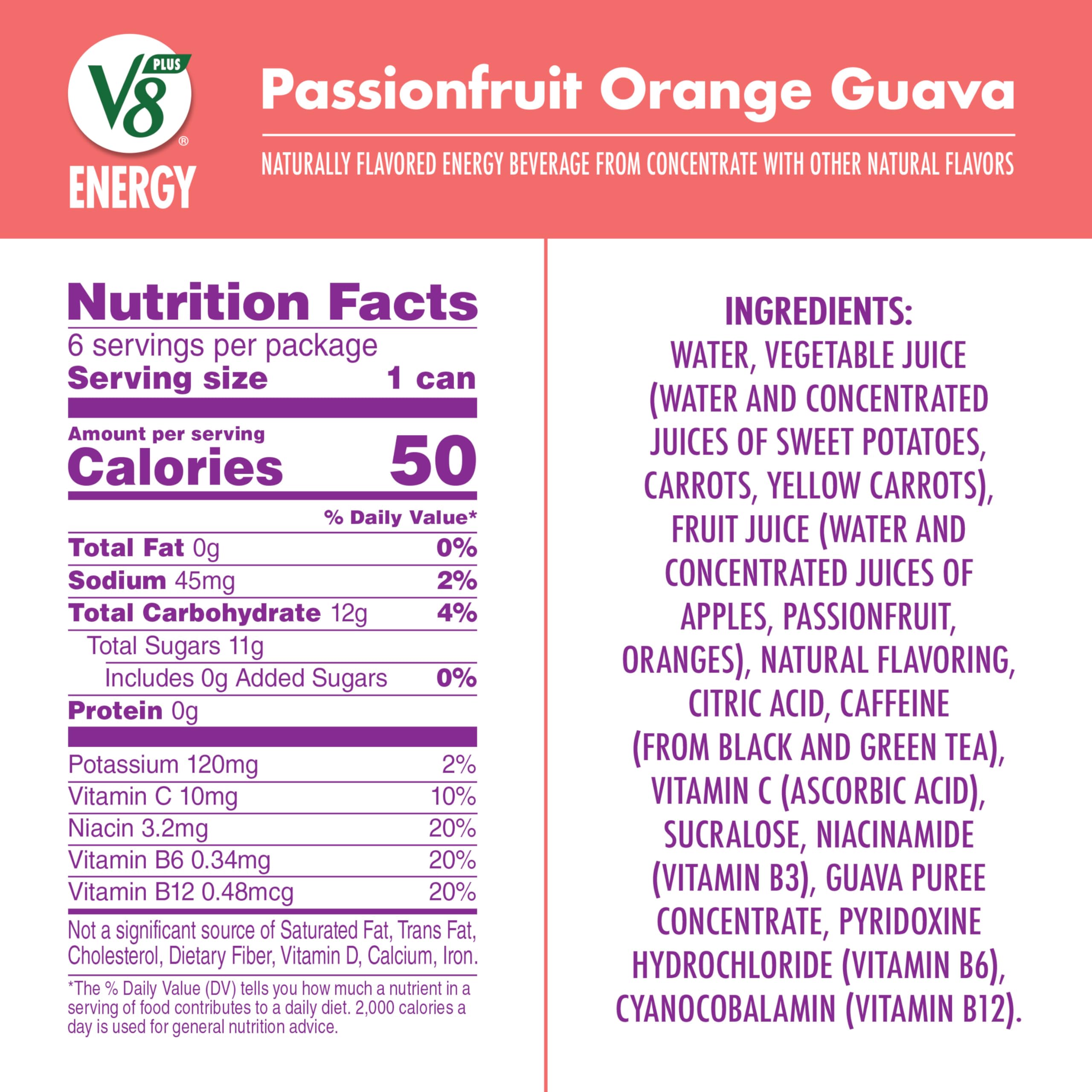 V8 +ENERGY passionfruit orange guava can back highlights caffeine and ingredients for informed choice
