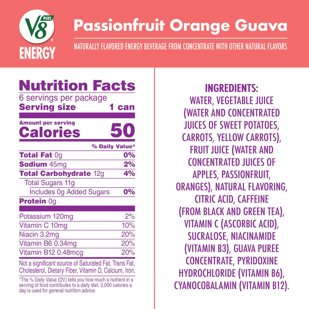 V8 +ENERGY passionfruit orange guava can back highlights caffeine and ingredients for informed choice