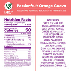 V8 +ENERGY passionfruit orange guava can back highlights caffeine and ingredients for informed choice