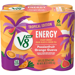 V8 +ENERGY passionfruit orange guava can front shows tropical flavor and caffeine boost
