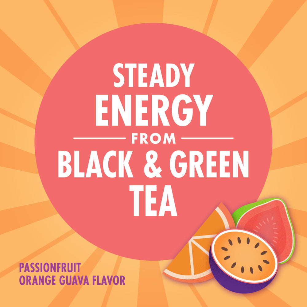 V8 +ENERGY passionfruit orange guava glass pour ready to enjoy a refreshing energy drink