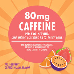 V8 +ENERGY passionfruit orange guava ingredients panel close-up showing veggie and fruit blend