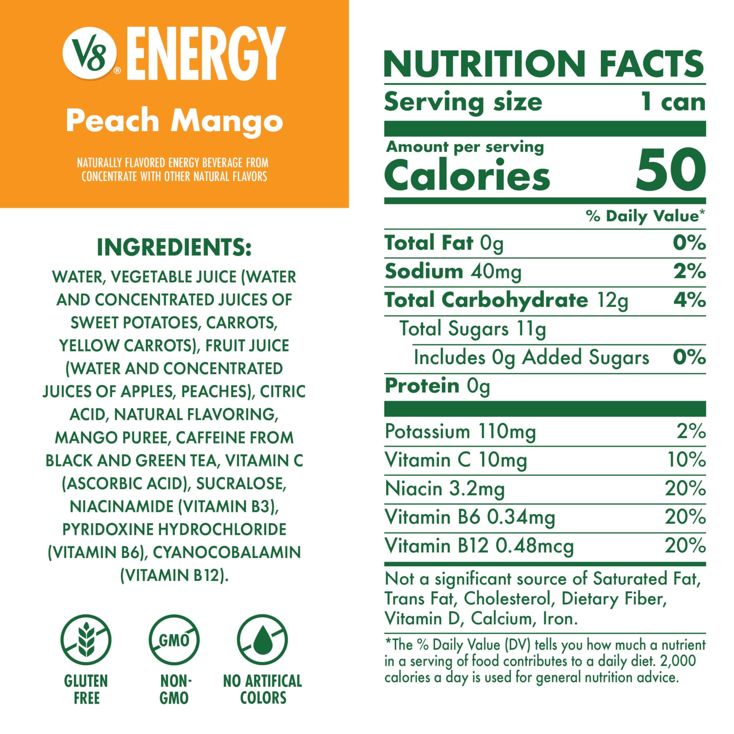 V8 Energy Peach Mango 24-pack on a store shelf.