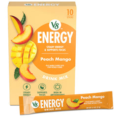 V8 Energy Peach Mango box with a 10-pack for on-the-go energy.