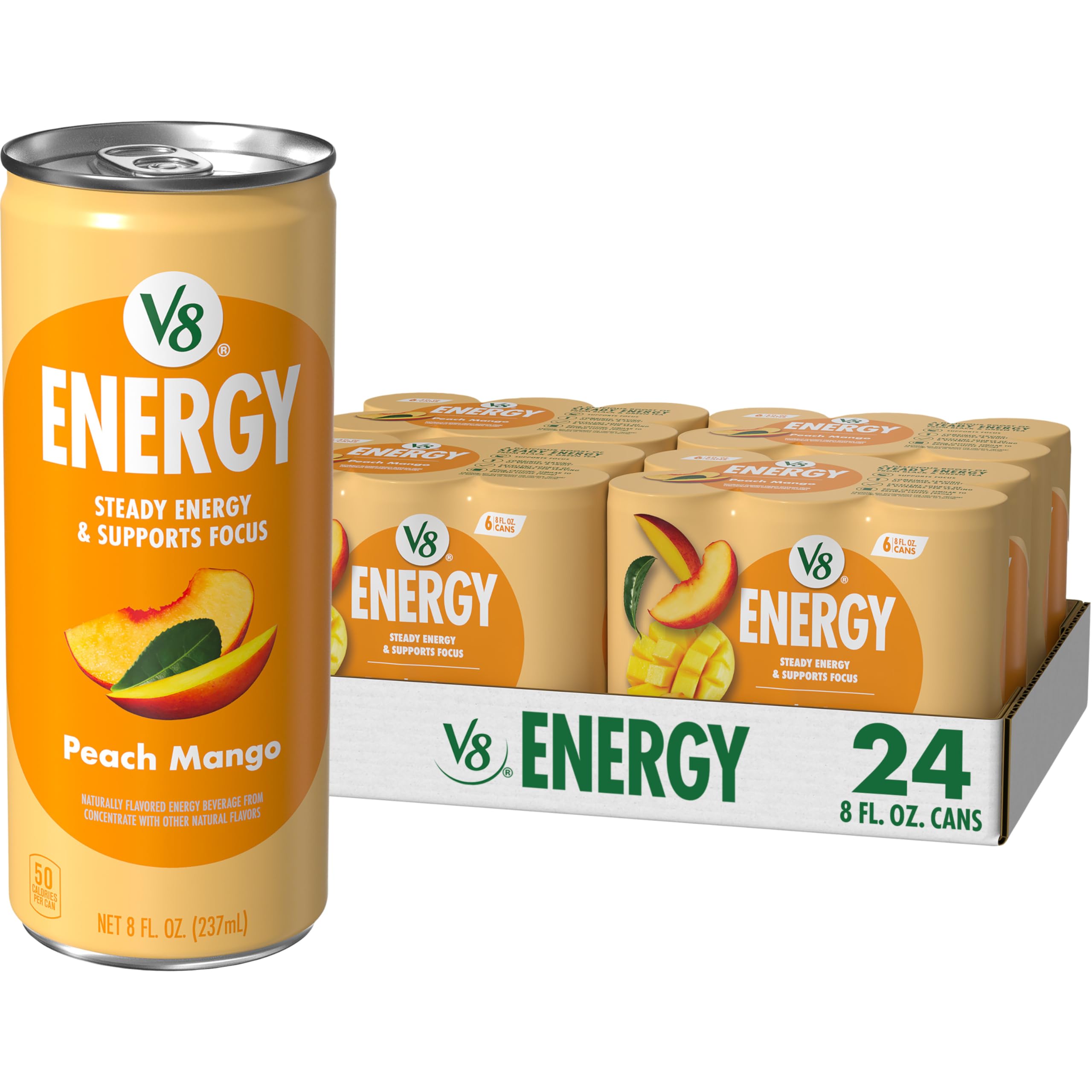 V8 Energy Peach Mango can—refreshing on-the-go energy.