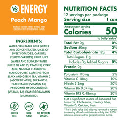 V8 Energy Peach Mango can back view highlighting non-GMO and no added sugar