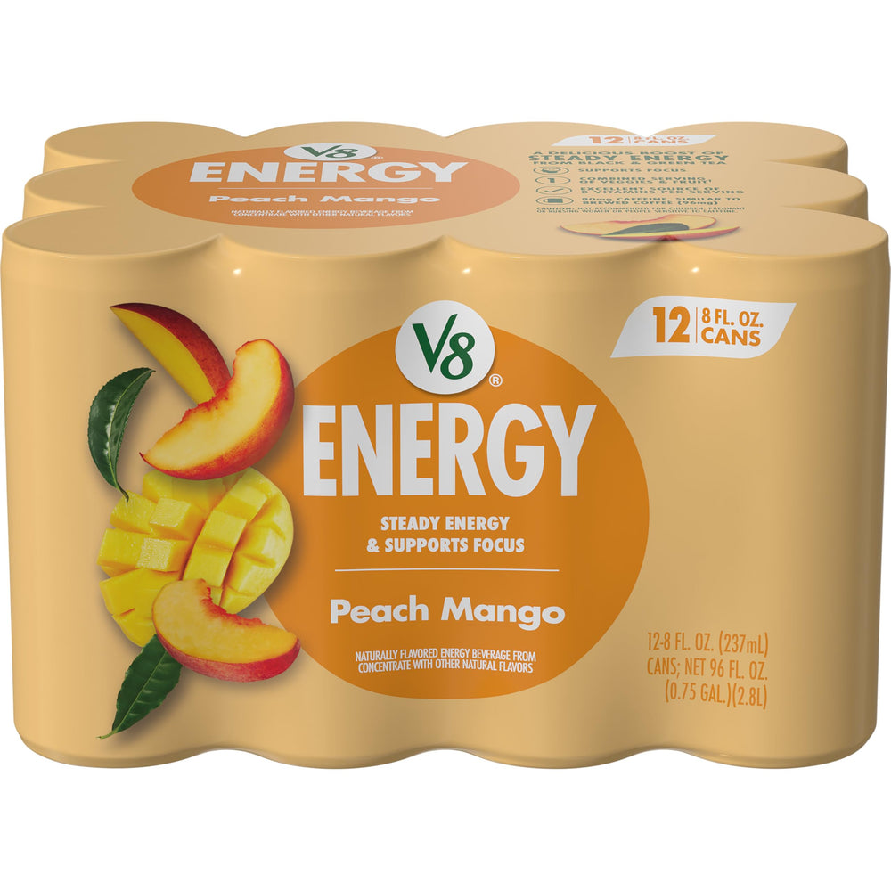 V8 Energy Peach Mango can front view showing portable energy for busy days