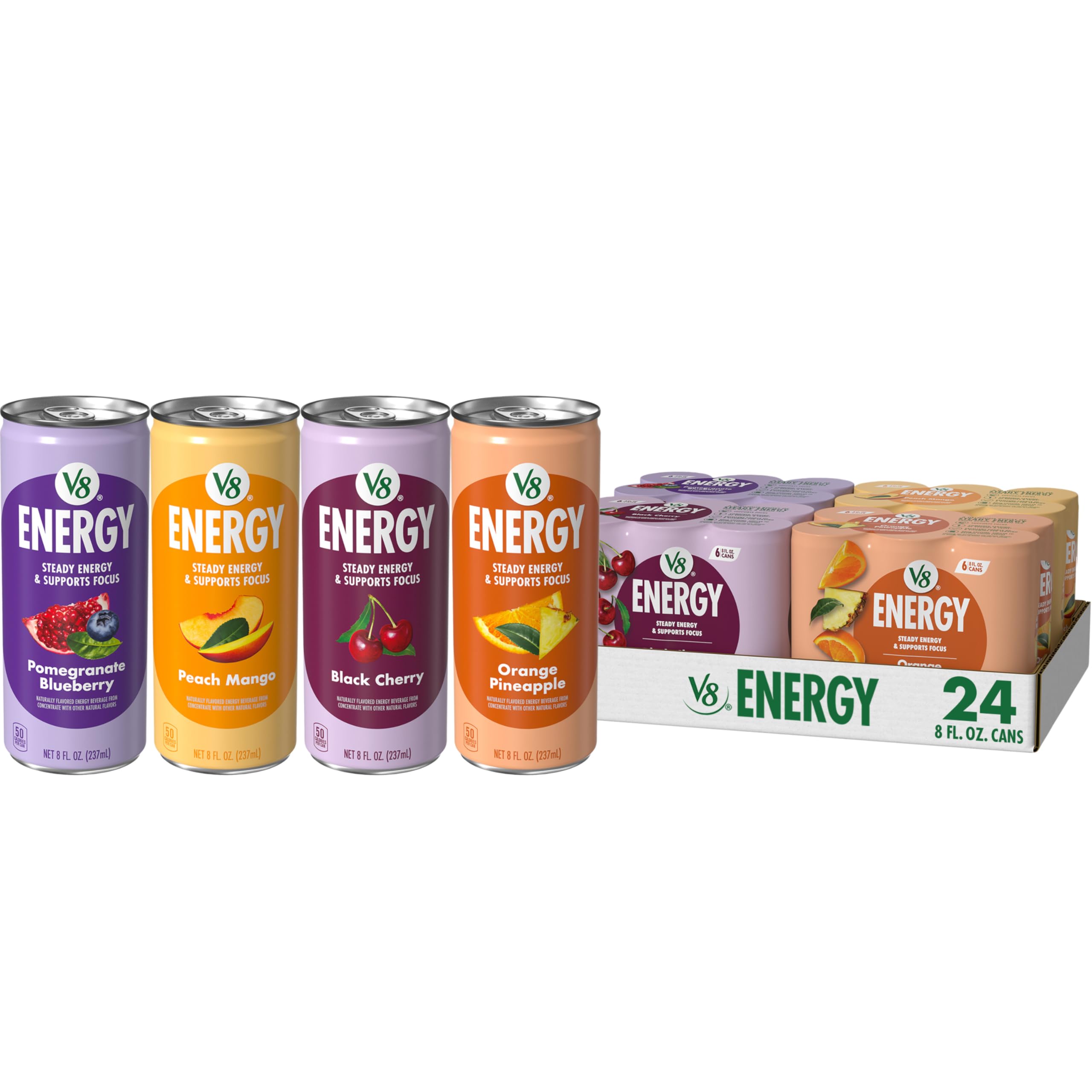 V8 +Energy Peach Mango can, fruity flavor with a plant-powered caffeine boost.