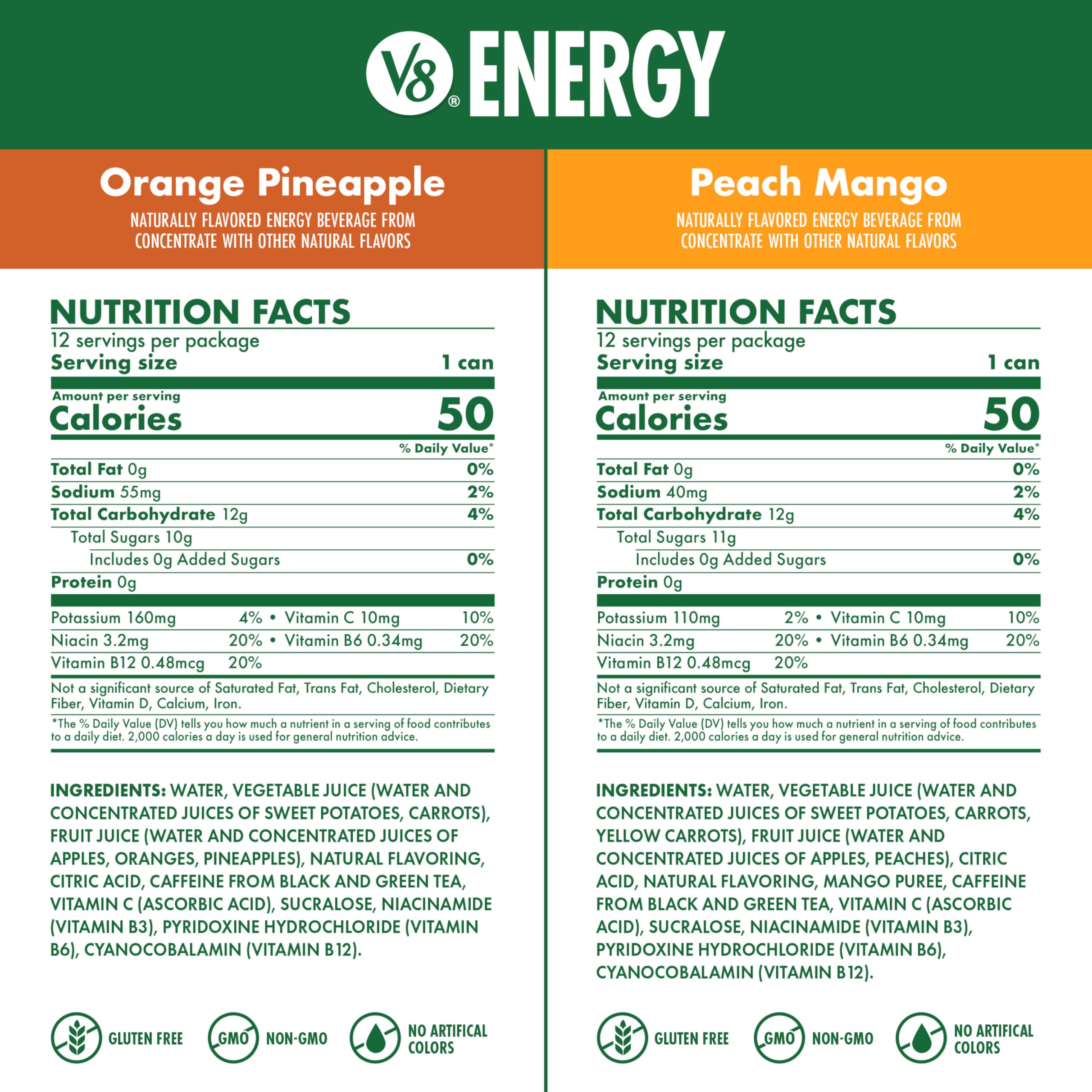 V8 Energy Peach Mango can, tropical flavor and steady energy