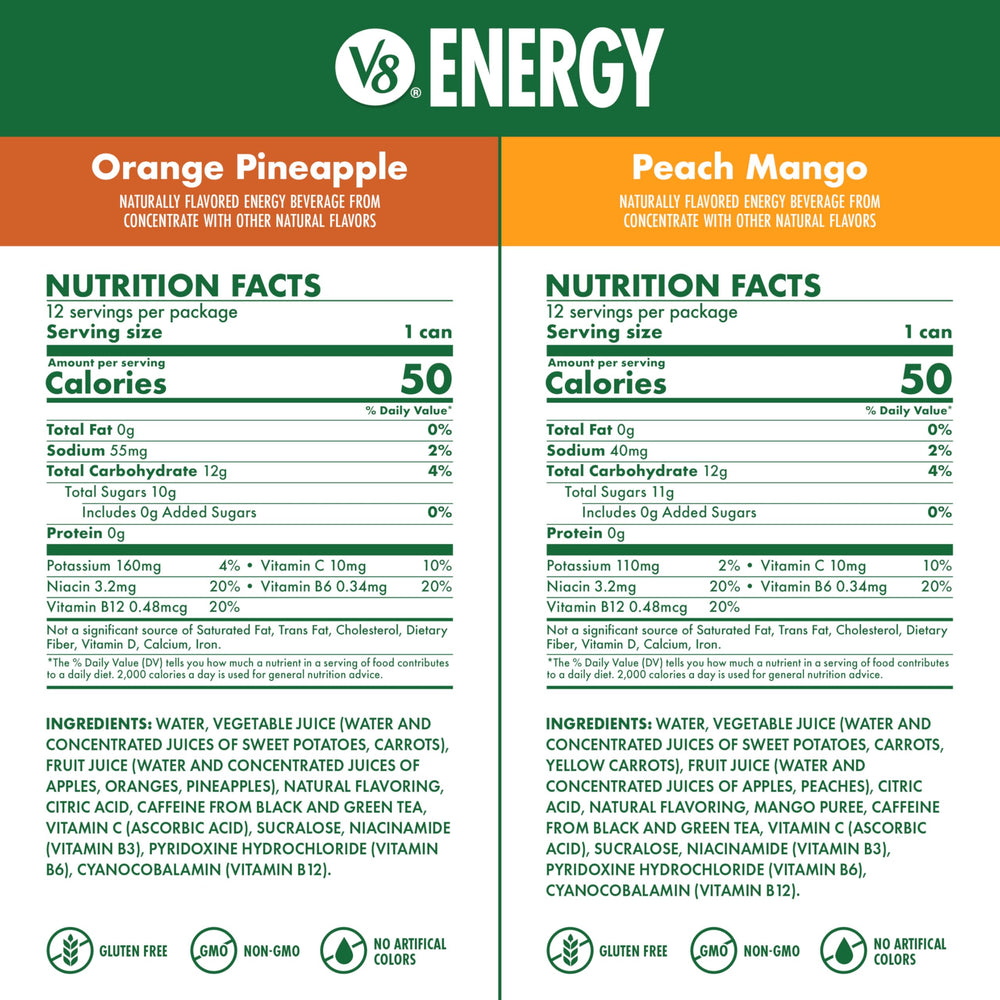 V8 Energy Peach Mango can, tropical flavor and steady energy