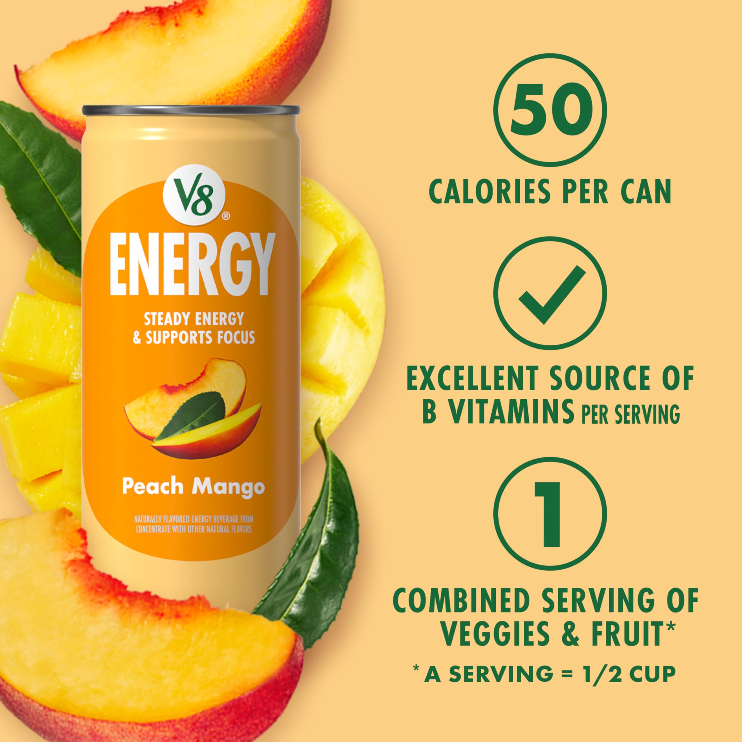 V8 Energy Peach Mango can pour—coffee-substitute energy with great taste.