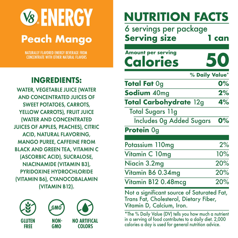V8 Energy Peach Mango label—non-GMO and no added sugars.