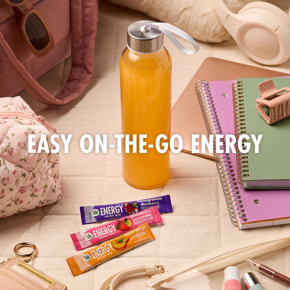 V8 Energy Peach Mango on-the-go use for busy days.