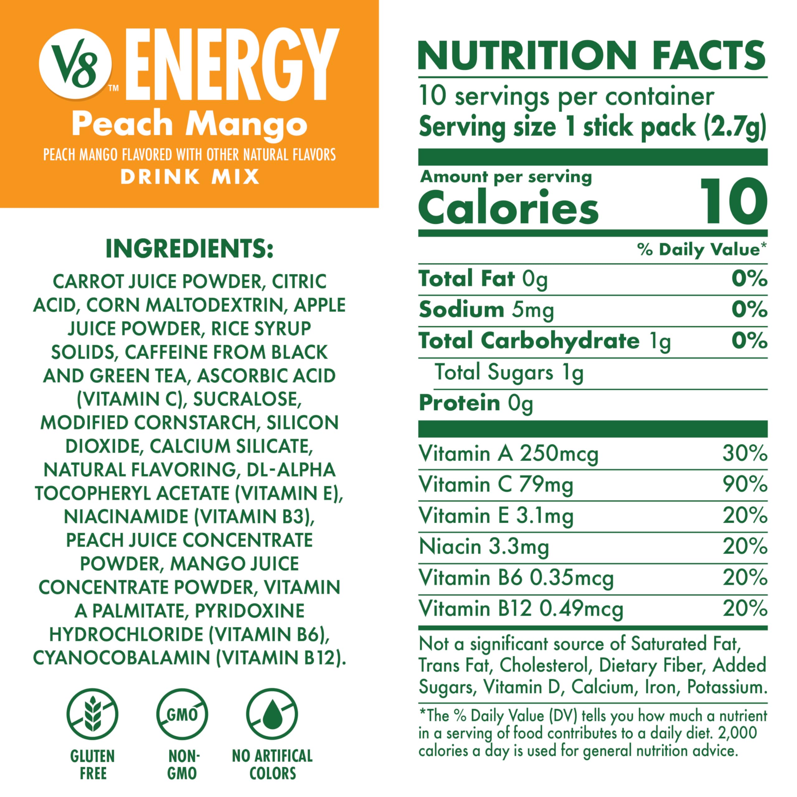 V8 Energy Peach Mango packet being opened to mix with water.