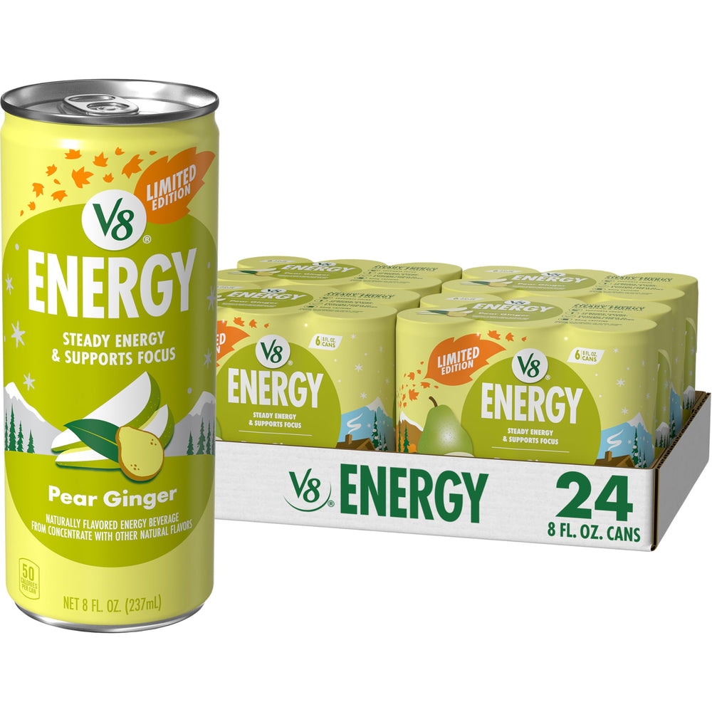 V8 Energy Pear Ginger front can with caffeine boost.