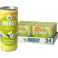 V8 Energy Pear Ginger front can with caffeine boost.