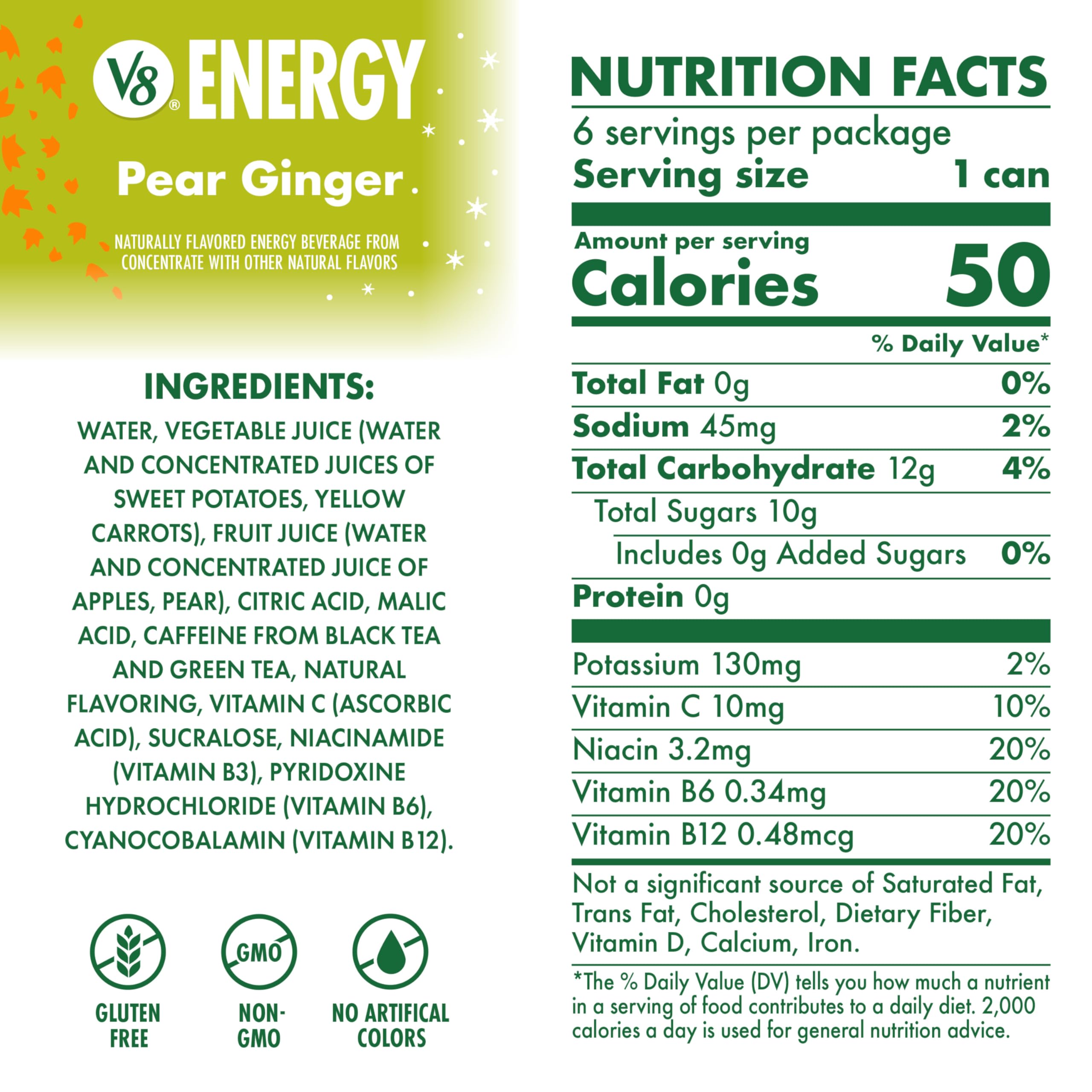 V8 Energy Pear Ginger label close-up highlights non-GMO ingredients and no added sugars.