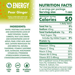 V8 Energy Pear Ginger label close-up highlights non-GMO ingredients and no added sugars.