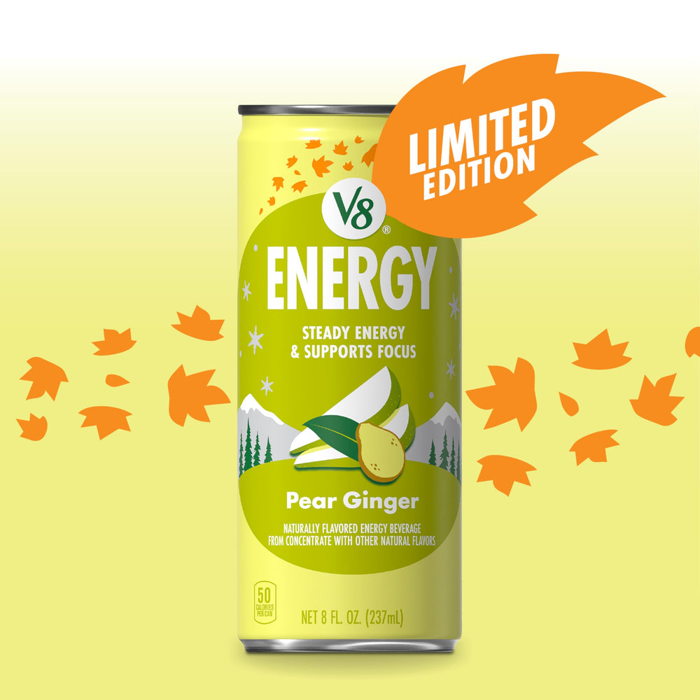 V8 Energy Pear Ginger pour into a glass shows warming aroma and convenience.