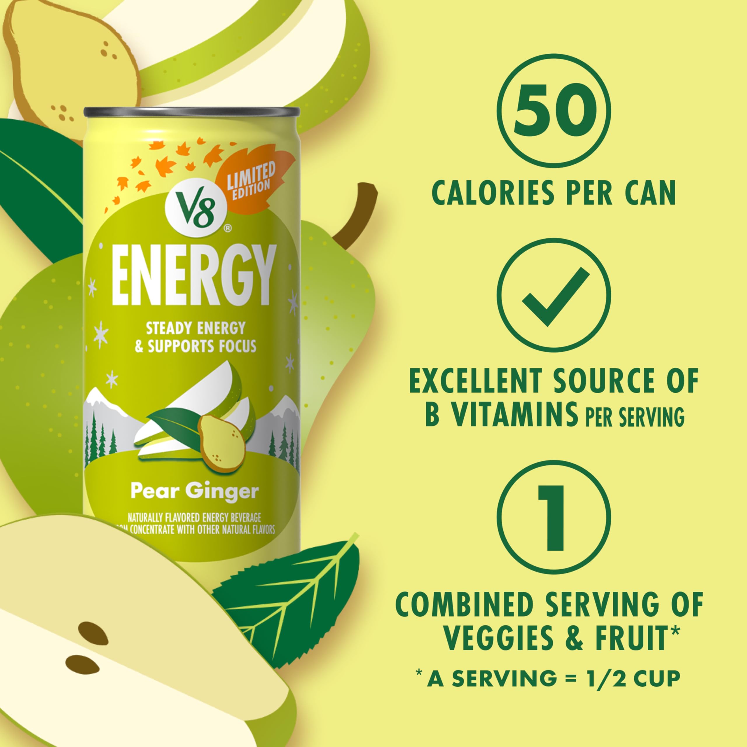 V8 Energy Pear Ginger glass showing a ready-to-sip, non-carbonated beverage.