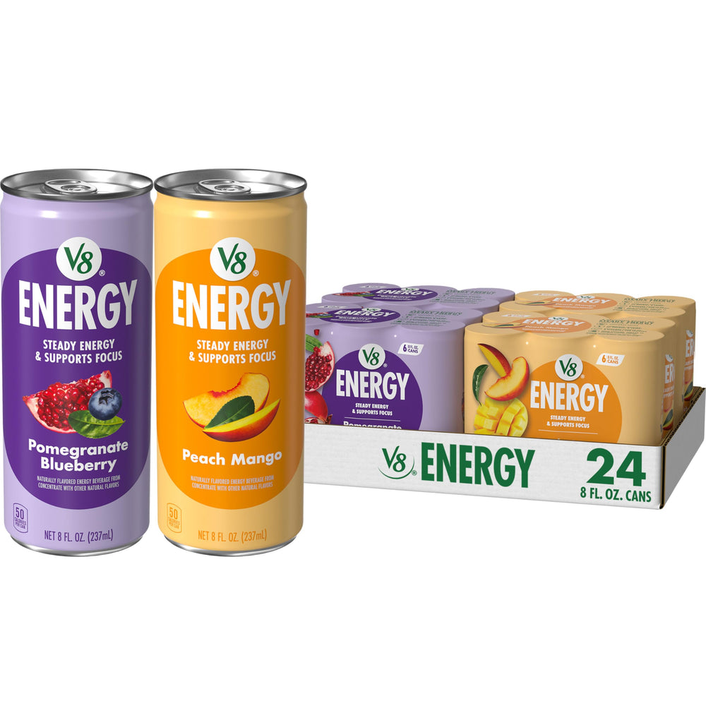 V8 Energy Pomegranate Blueberry can front, a berry-forward pick-me-up for busy days.