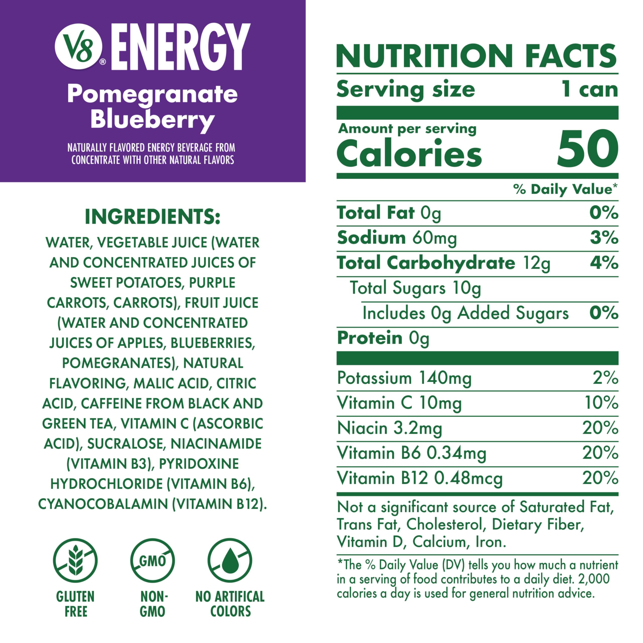 V8 Energy Pomegranate Blueberry can side angle highlighting a 24-pack option.
