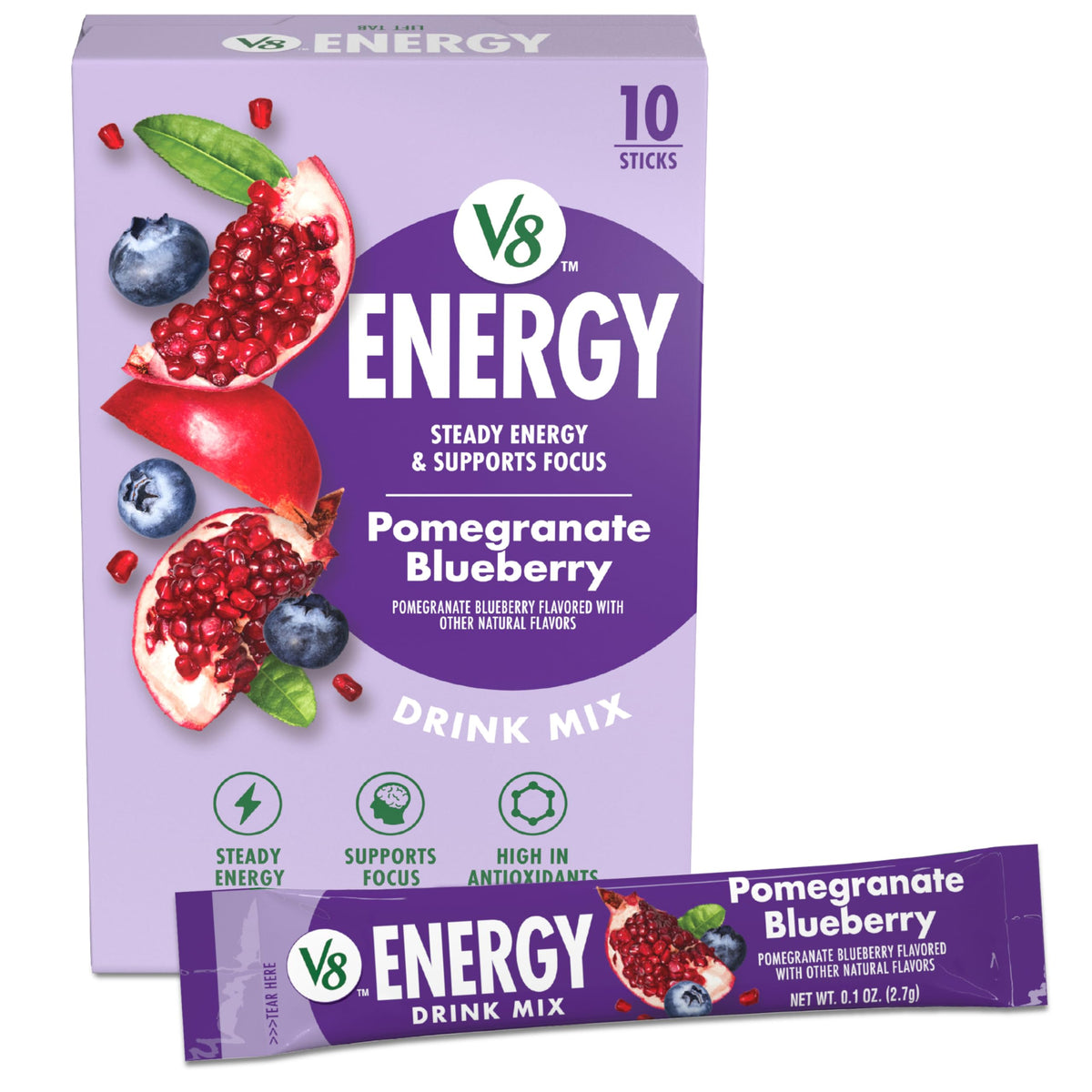 V8 Energy Pomegranate Blueberry packets for on-the-go energy and focus.