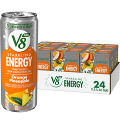 V8 +Energy Sparkling Orange Pineapple bottle pour showing plant-powered energy lift