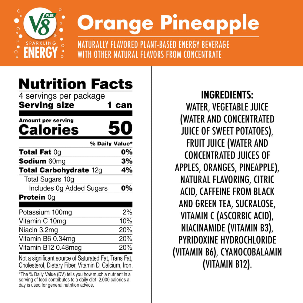 V8 +Energy Sparkling Orange Pineapple case display highlights a 24-pack for busy mornings