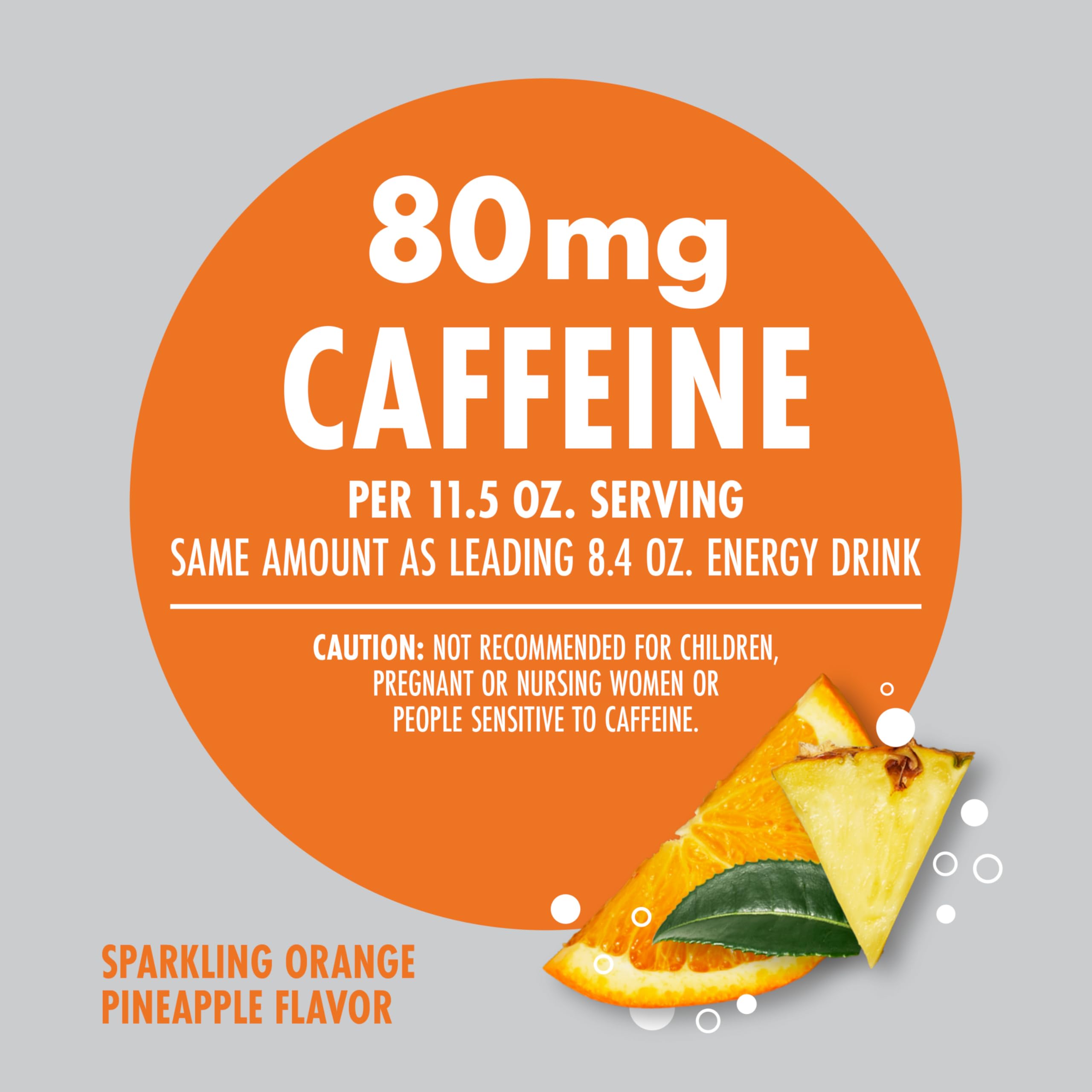 V8 +Energy Sparkling Orange Pineapple glass with can conveys ready-to-drink convenience