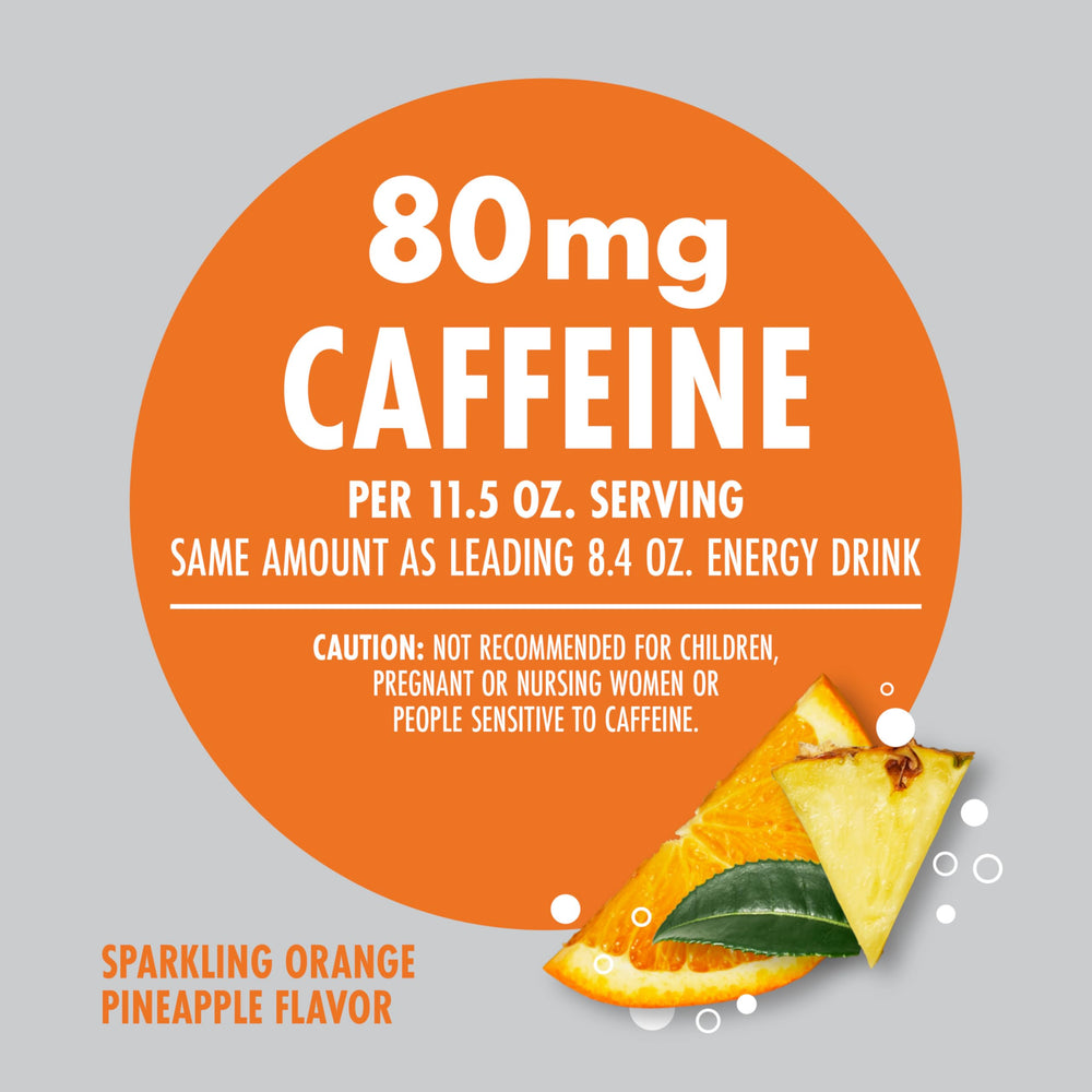 V8 +Energy Sparkling Orange Pineapple glass with can conveys ready-to-drink convenience