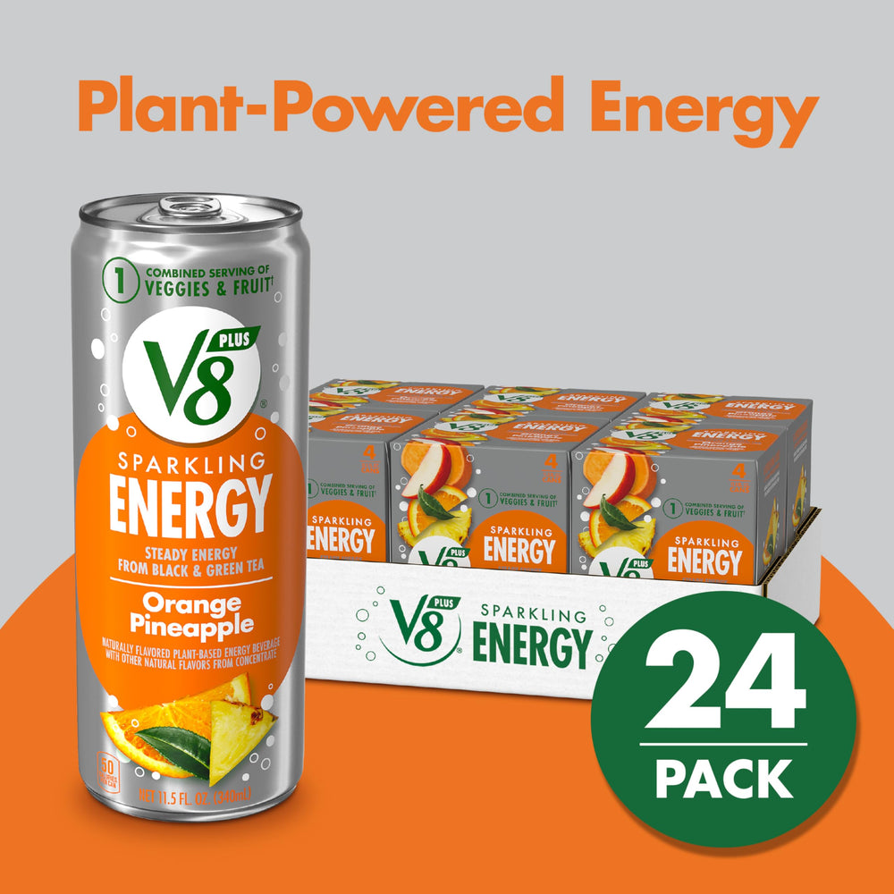 V8 +Energy Sparkling Orange Pineapple ingredients label photo highlights fruit and veggie blend