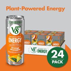 V8 +Energy Sparkling Orange Pineapple ingredients label photo highlights fruit and veggie blend