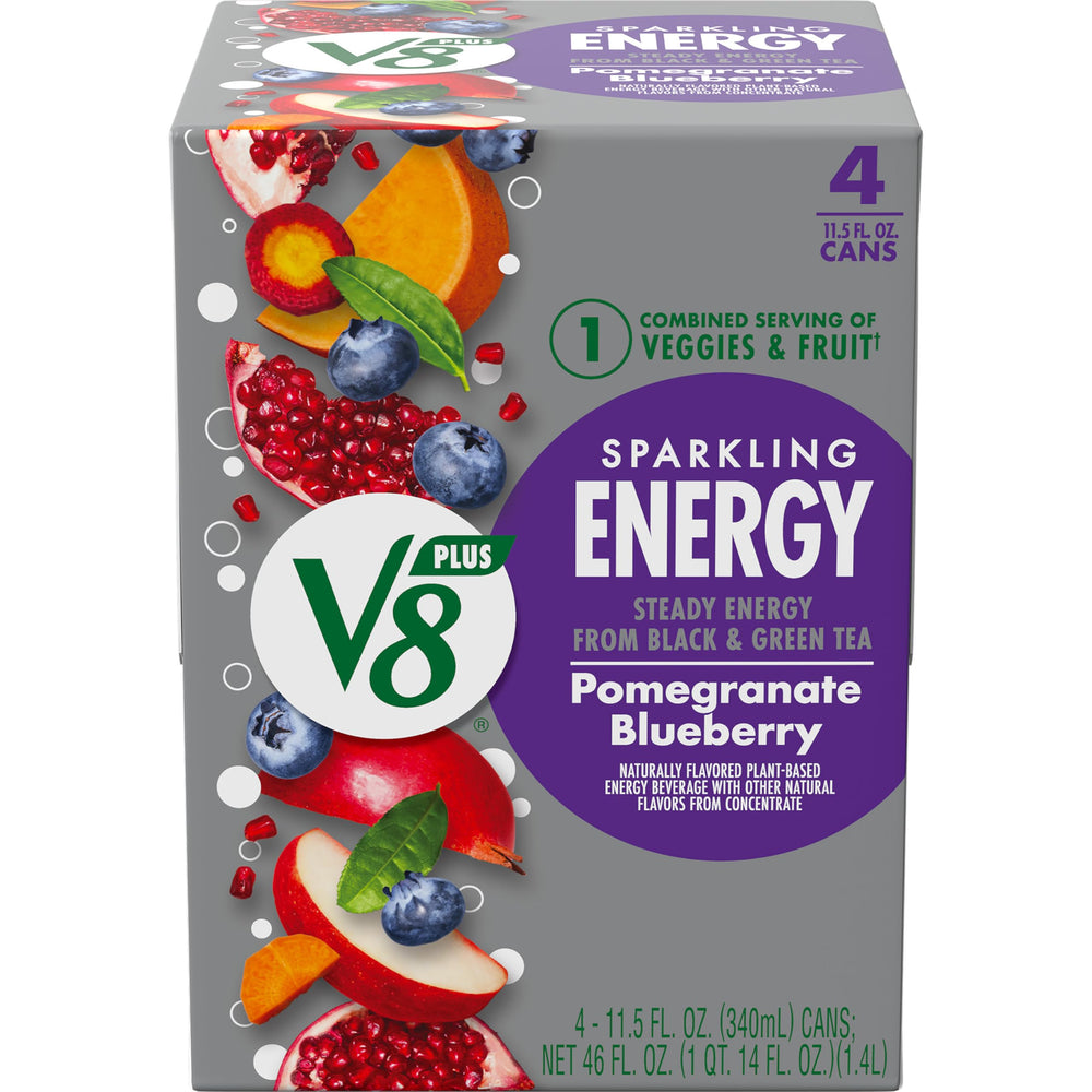 V8 +Energy sparkling can in front view, pomegranate blueberry flavor highlights plant-powered energy.