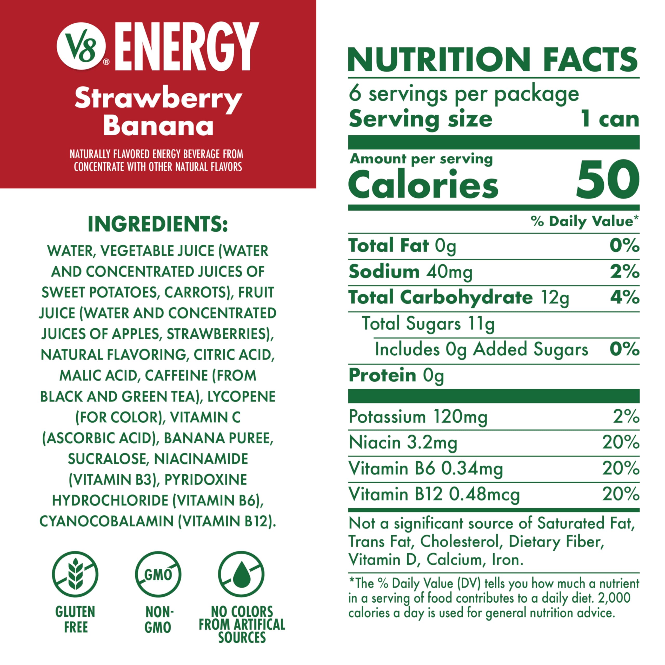 V8 Energy Strawberry Banana can side emphasizes clean ingredients and no artificial colors.