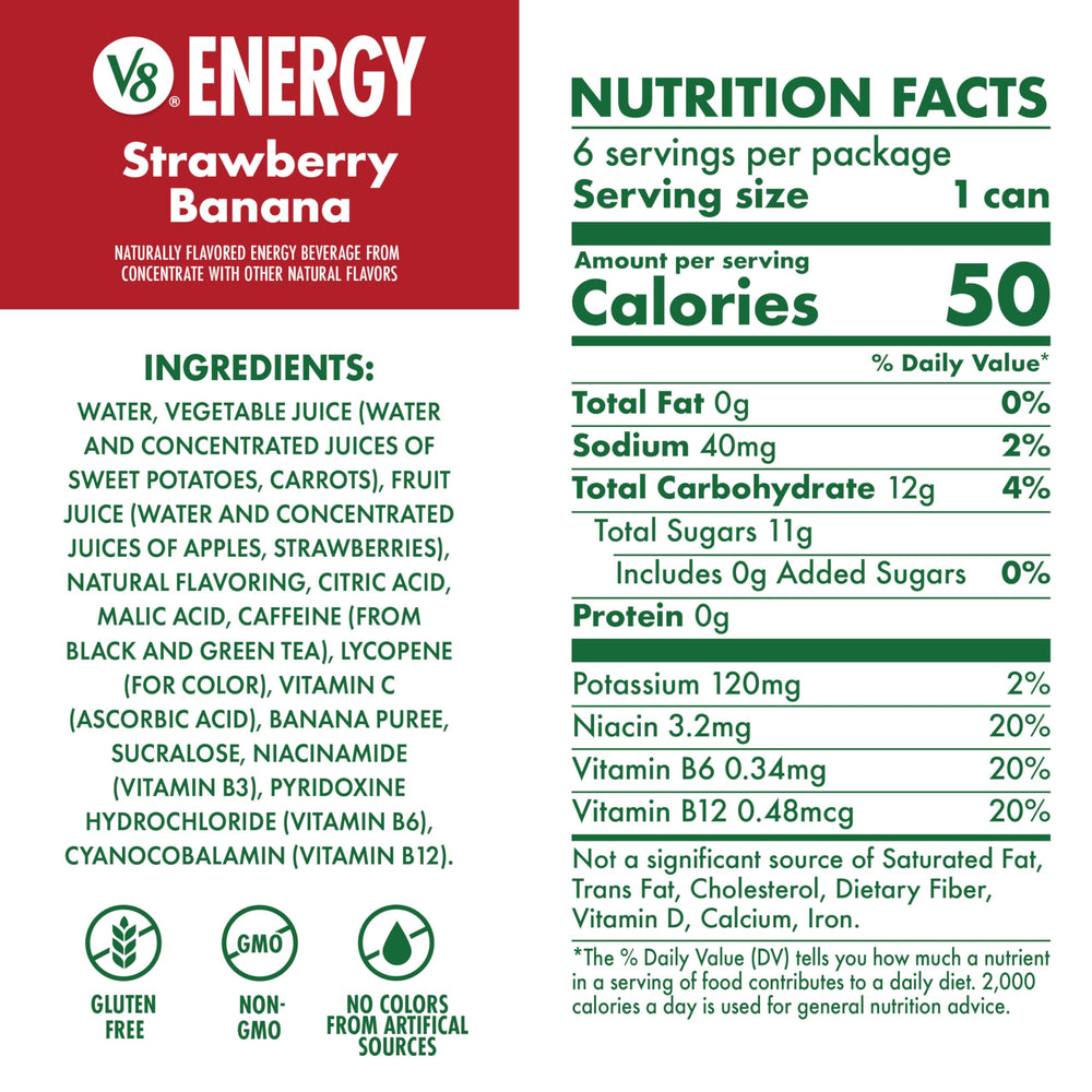 V8 Energy Strawberry Banana can side emphasizes clean ingredients and no artificial colors.