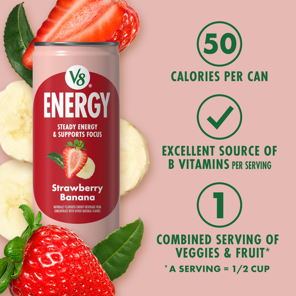 V8 Energy Strawberry Banana glass shows a flavorful pick-me-up with caffeine.