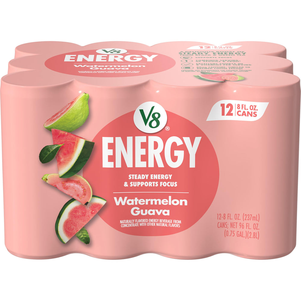 V8 Energy Watermelon Guava can front view with fruity energy boost.