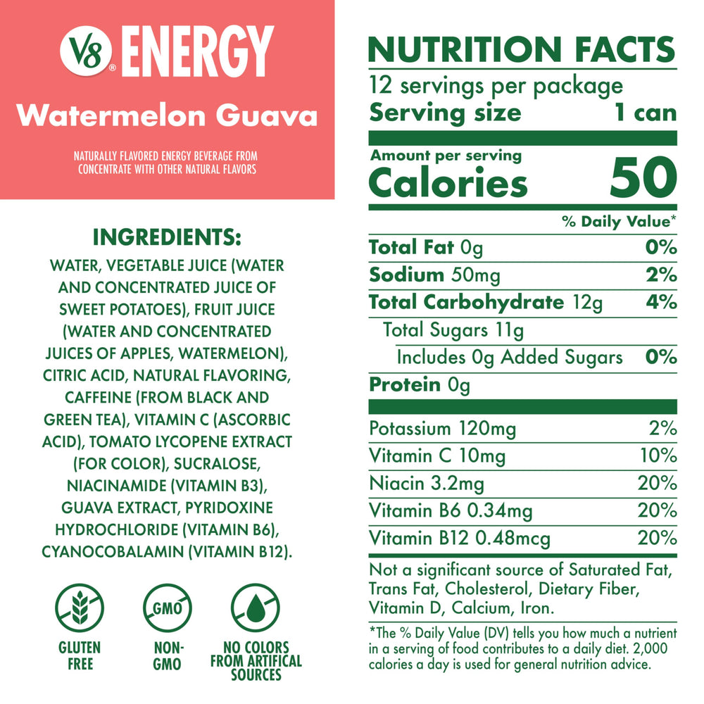 V8 Energy Watermelon Guava can side view showing no added sugar note.