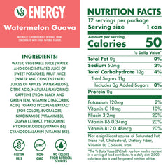 V8 Energy Watermelon Guava can side view showing no added sugar note.