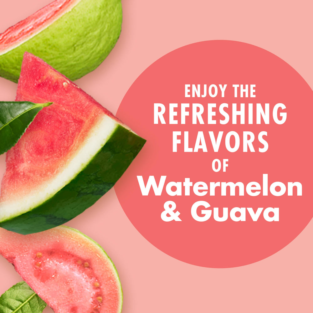 V8 Energy Watermelon Guava glass pour close-up highlighting refreshing color.