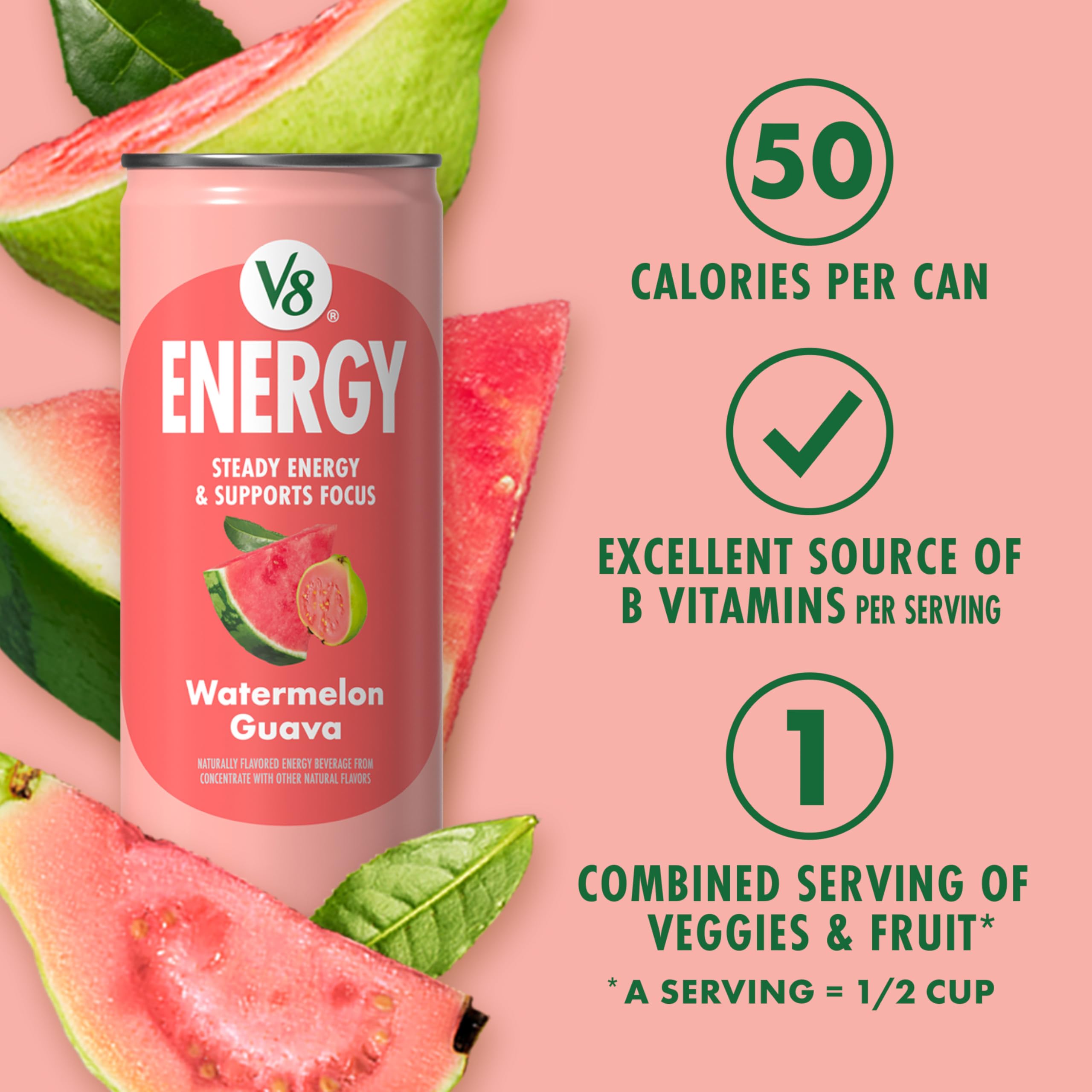 V8 Energy Watermelon Guava pack on shelf for easy grab-and-go energy.
