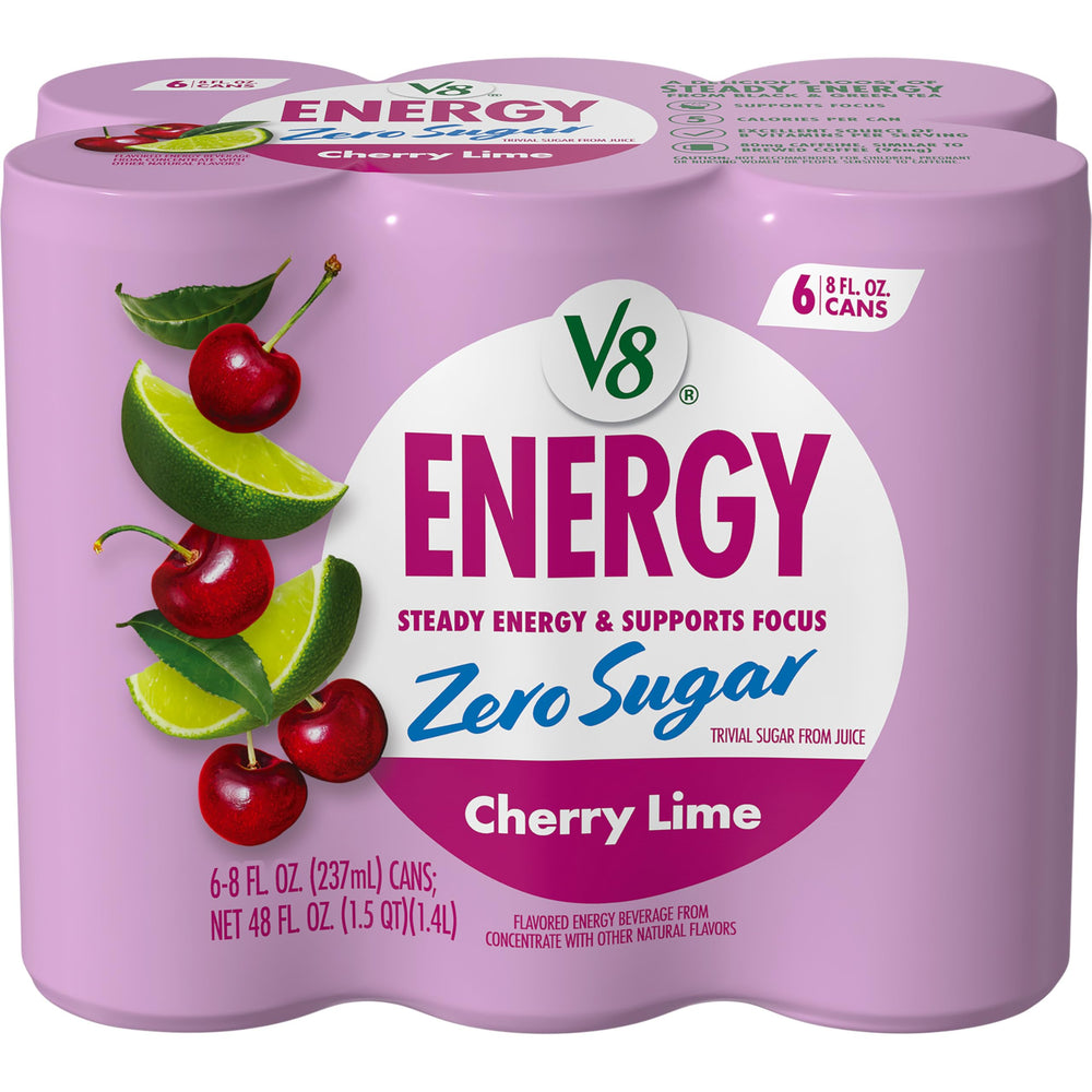 V8 Energy Zero Sugar Cherry Lime can front showing zero sugar option for quick energy
