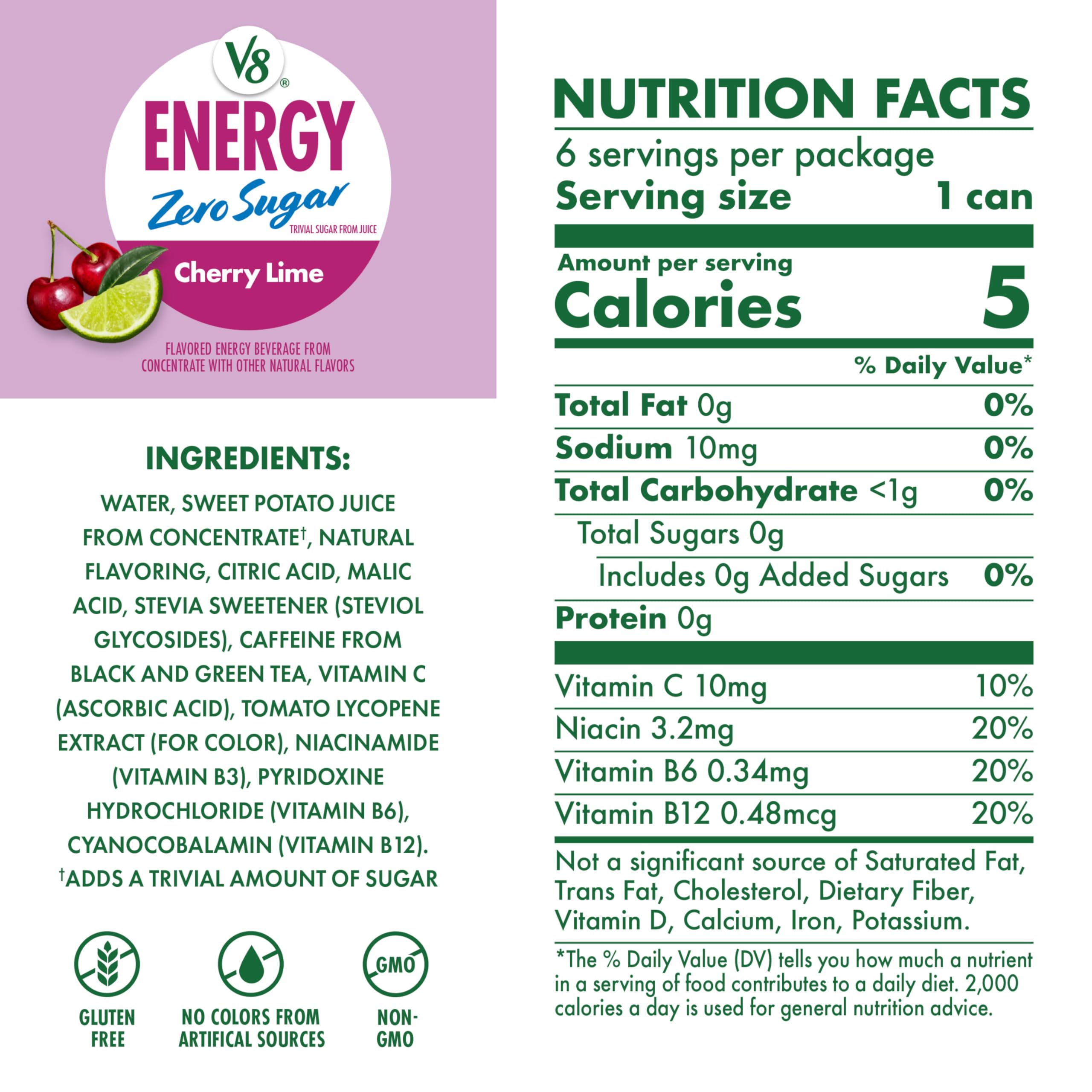 V8 Energy Zero Sugar Cherry Lime can side displaying packaging, highlighting low calories and minimal carbs