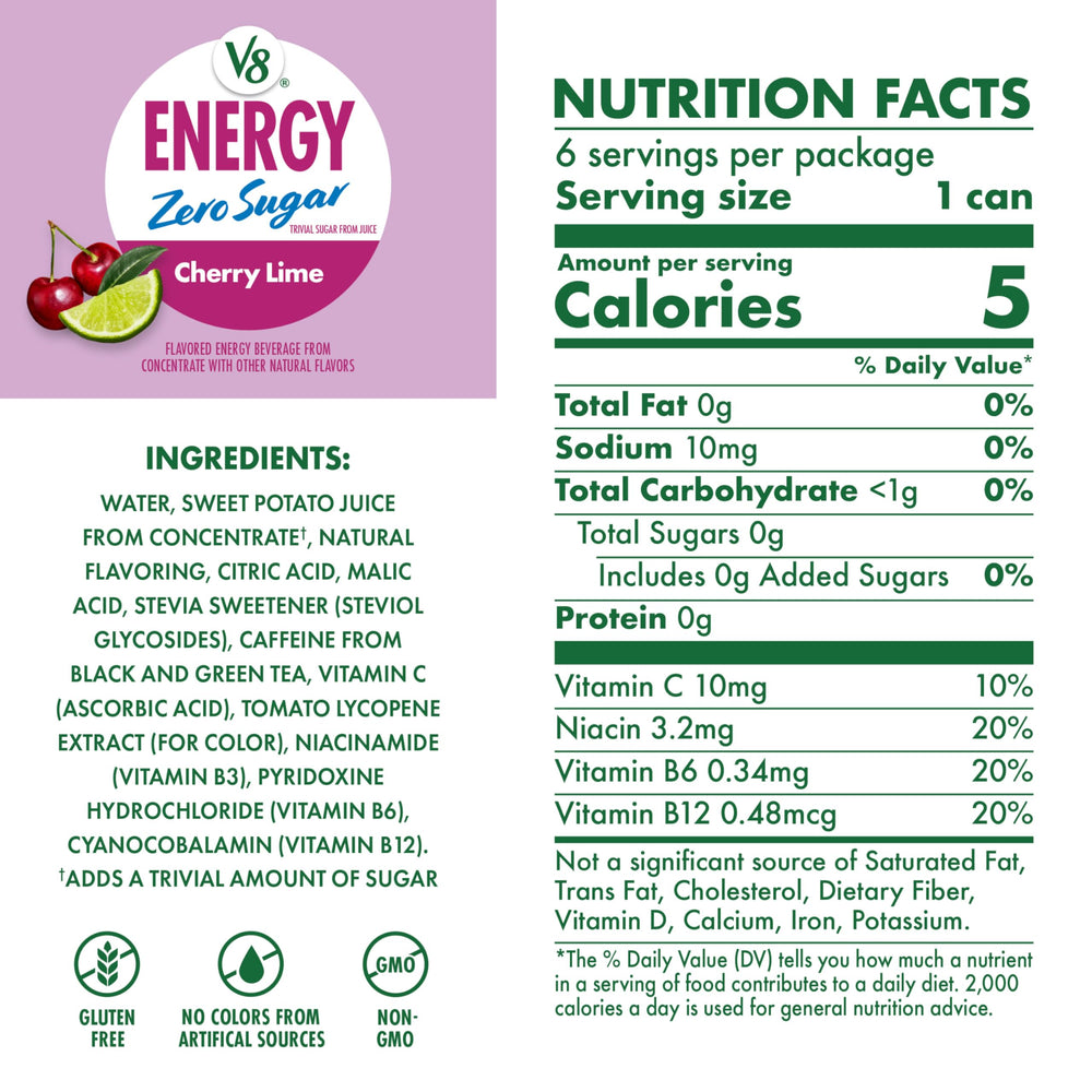 V8 Energy Zero Sugar Cherry Lime can side displaying packaging, highlighting low calories and minimal carbs