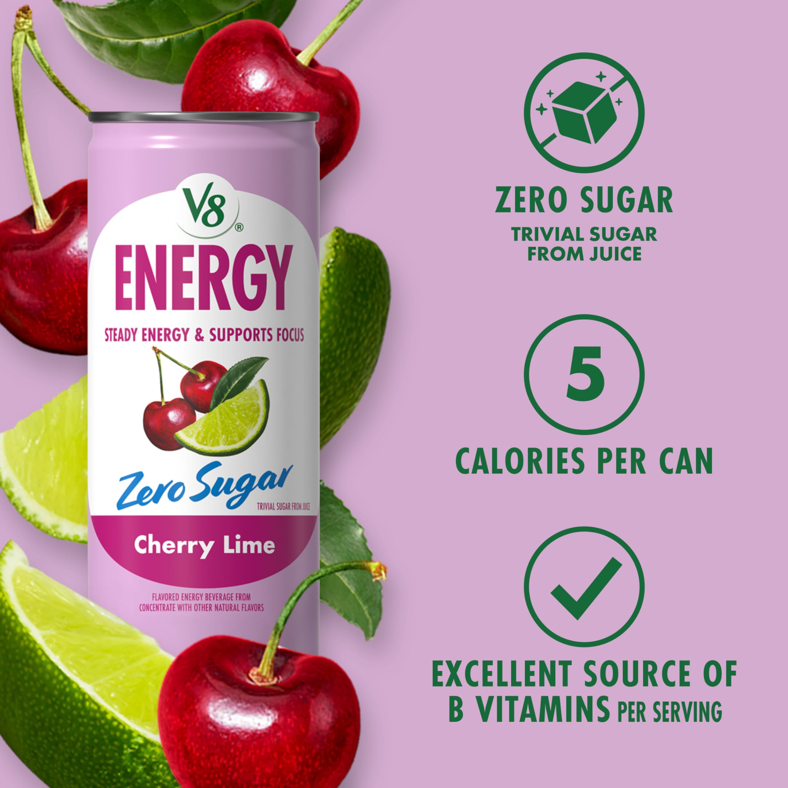 V8 Energy Zero Sugar Cherry Lime six-pack image for convenient on-the-go energy