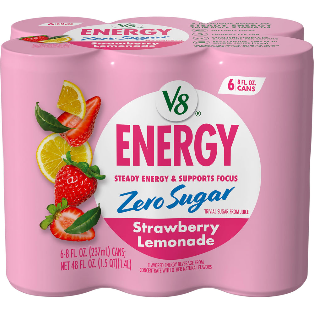 V8 Energy Zero Sugar Strawberry Lemonade can front view showing a refreshing caffeine boost